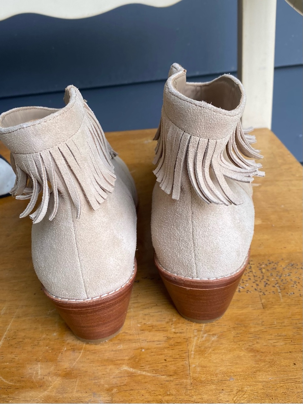 Joie "Makena" Calf Suede Fringe Ankle Booties in the color "Buff". Size 10 1/2 - Picture 4 of 5